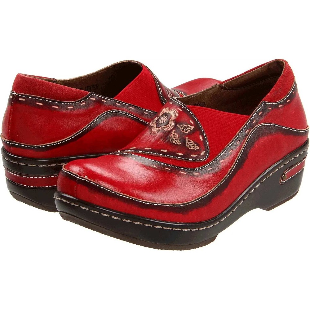 Spring Step Burbank Clog Loafer Women 38 Red Leather Floral Stitched Boho Artsy